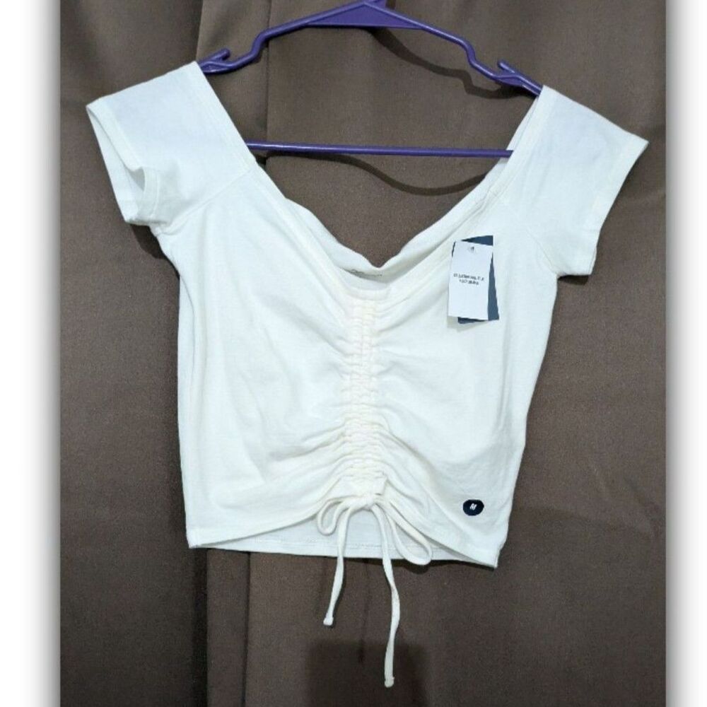 Hollister Women's White Ruched Tie Front Cap Sleeve Crop Top M Y2K Babydoll NWT - Picture 1 of 5